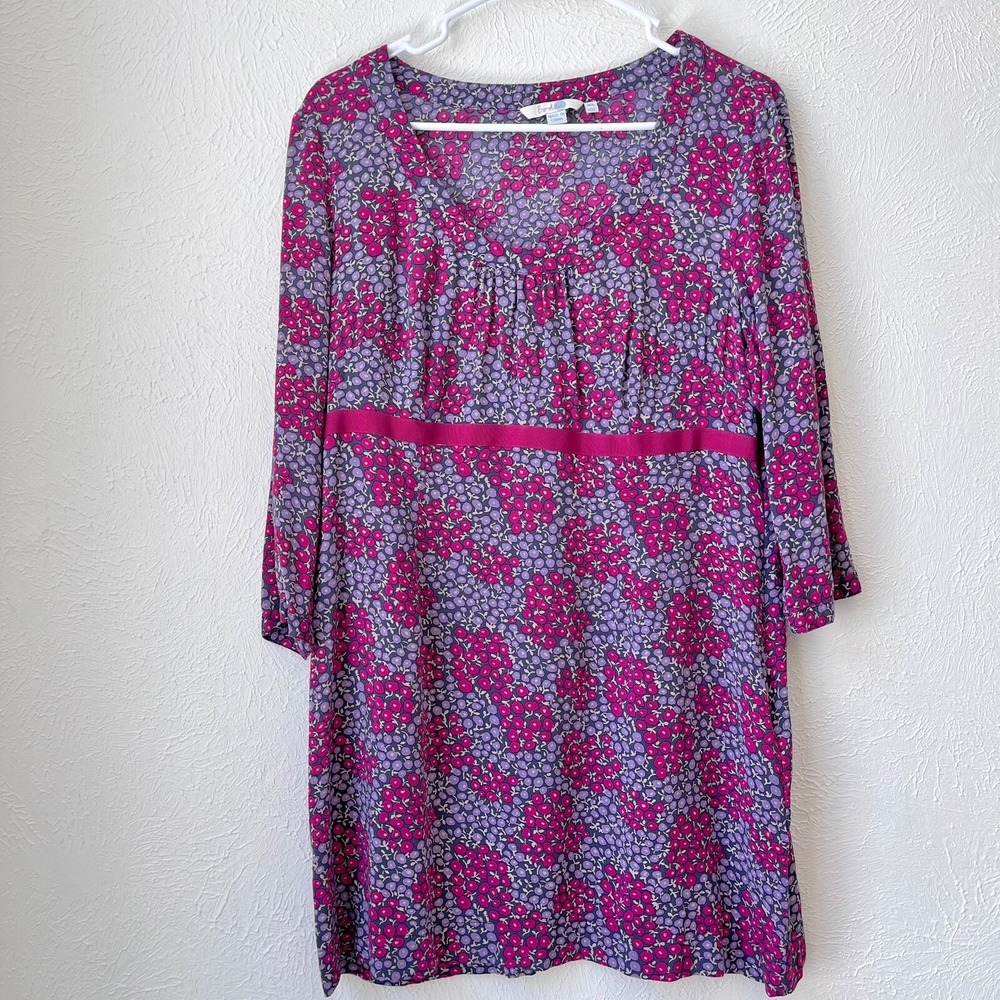 BODEN Tunic Shift Dress Women's Sz 12 US Purple Pink Floral 3/4 Sleeve Viscose